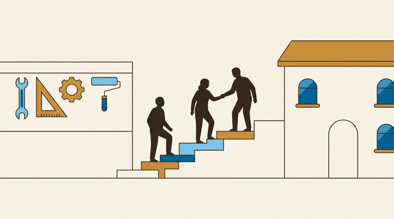 Un escalier aux marches inégales, gravi par trois silhouettes dont l'une tend la main&nbsp;; à gauche un mur d'atelier avec ses outils, à droite le bâtiment