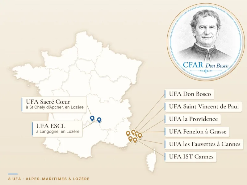 Carte des huit UFA du CFA Régional Don Bosco, dans les Alpes-Maritimes et en Lozère