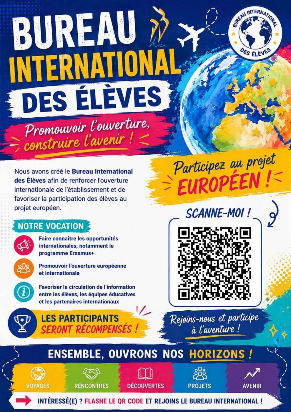 Affiche du Bureau International des Élèves : « Promouvoir l’ouverture, construire l’avenir ! »