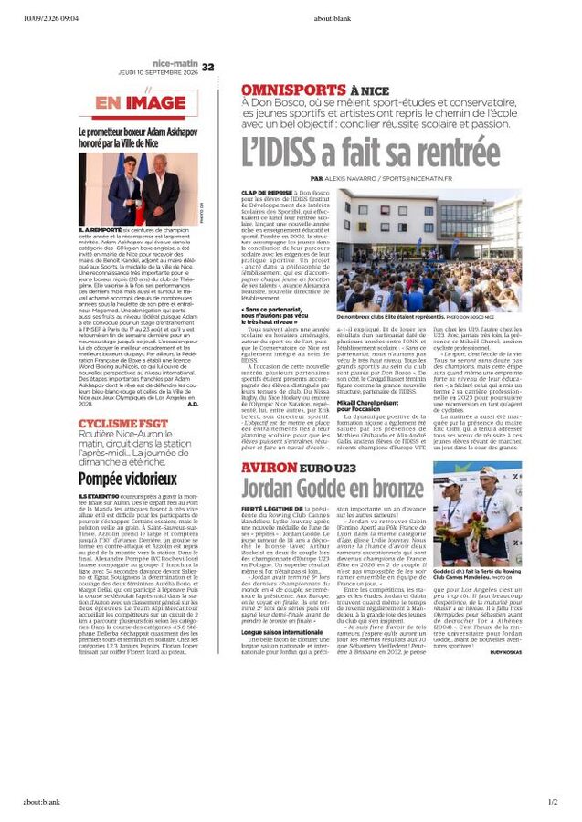 Page de Nice-Matin du 10 septembre 2026 avec l’article « L’IDISS a fait sa rentrée »